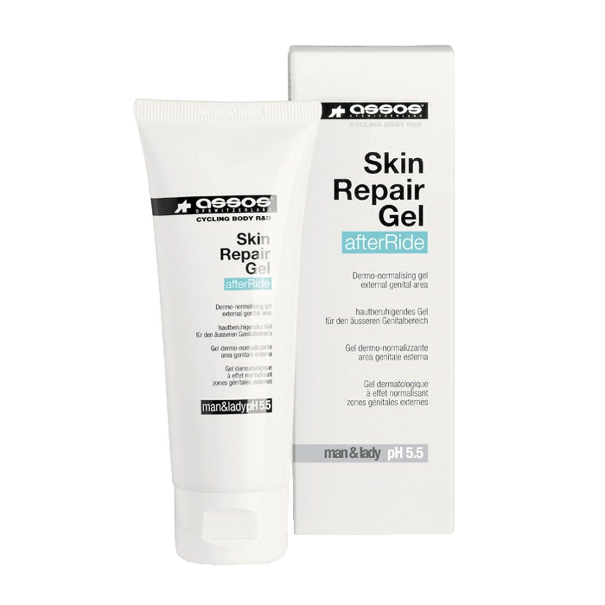 assos skin repair gel front view showing tube and compact size for travel