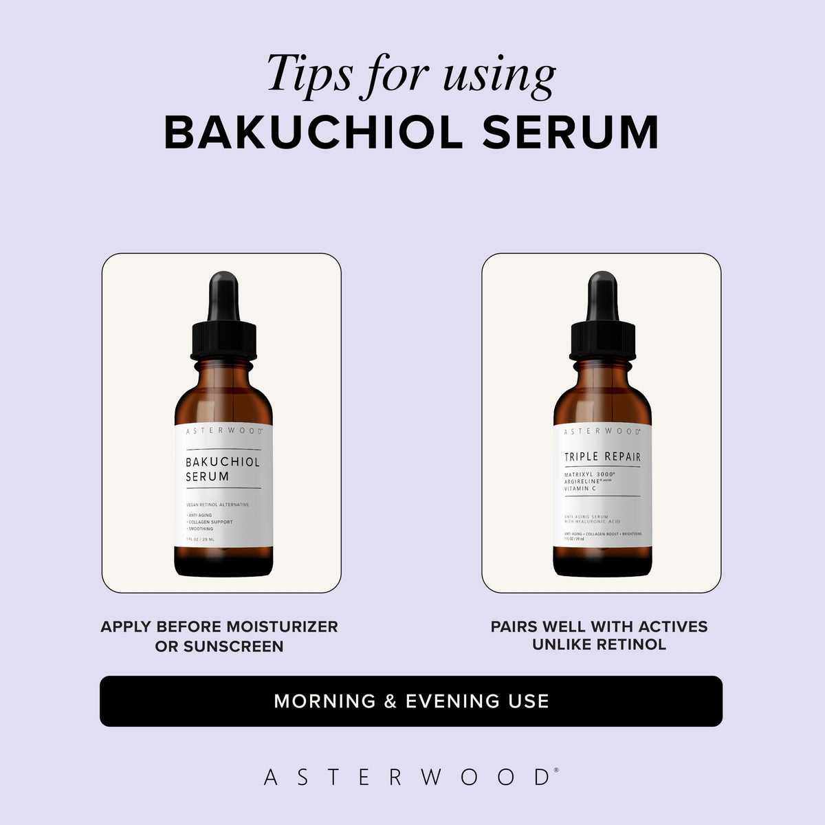 Asterwood Bakuchiol Serum on bathroom counter in use to convey daily skincare convenience