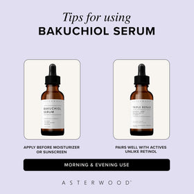 Asterwood Bakuchiol Serum on bathroom counter in use to convey daily skincare convenience