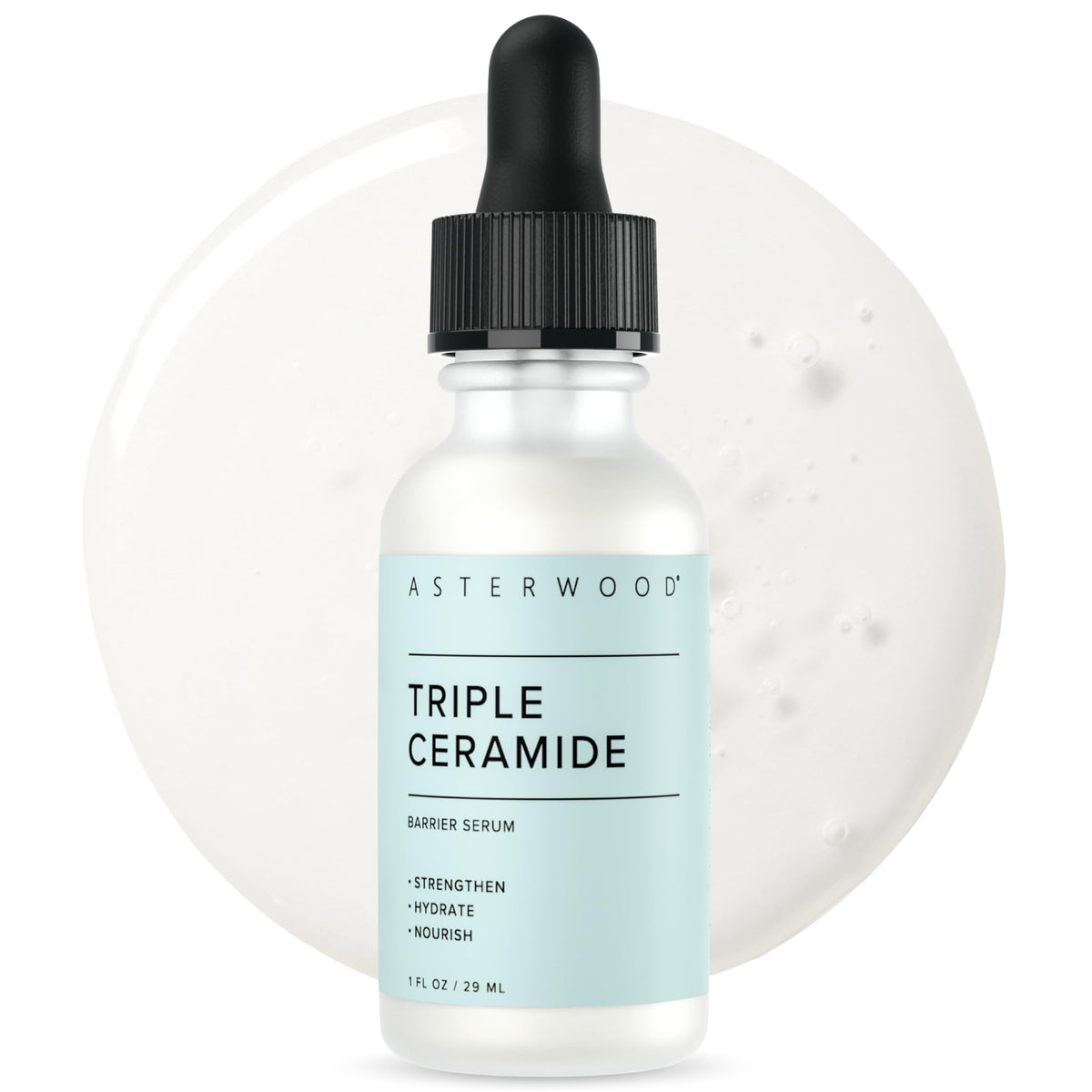 Asterwood front packaging showing serum bottle and label benefits