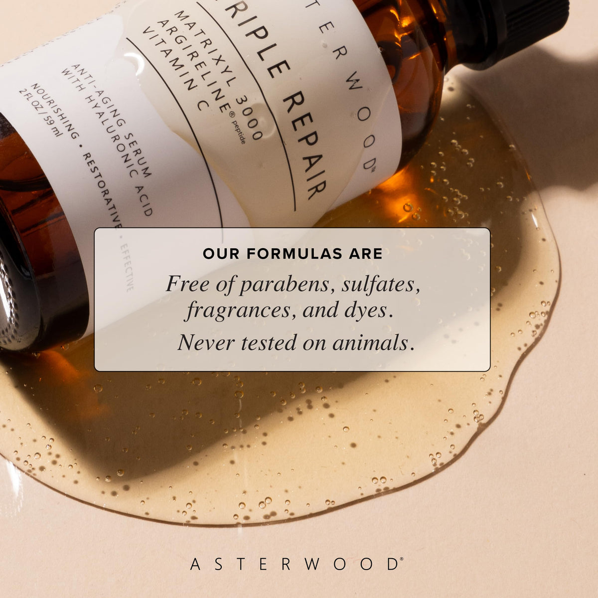 Asterwood ingredient display of vitamin C and hyaluronic acid, emphasizes antioxidant hydration