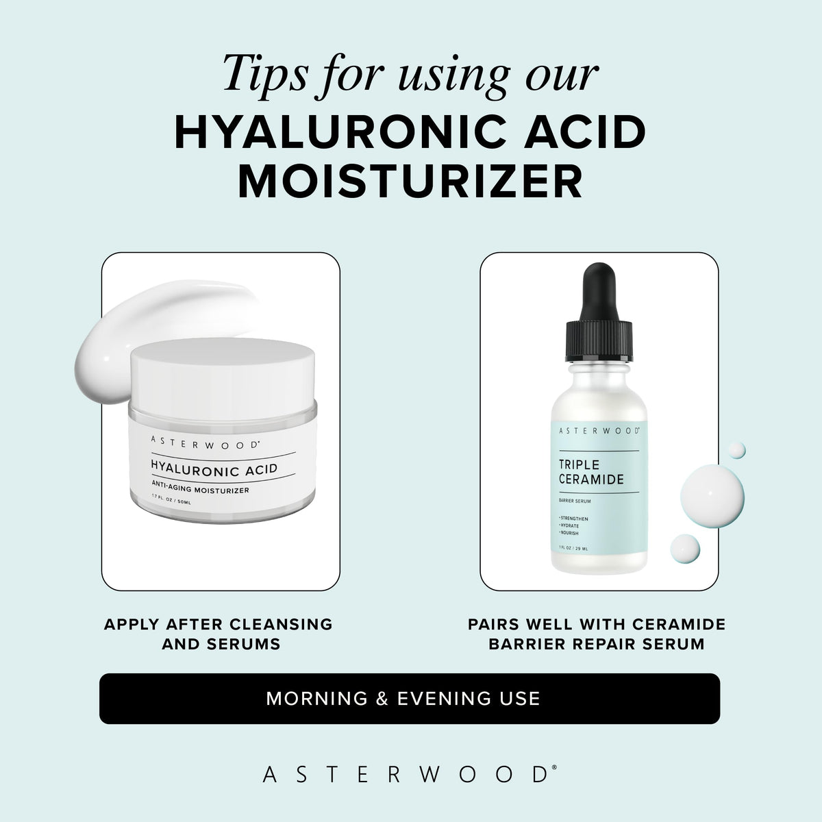 Asterwood next to common objects for scale, highlighting compact 1.7 fl oz travel-friendly benefit