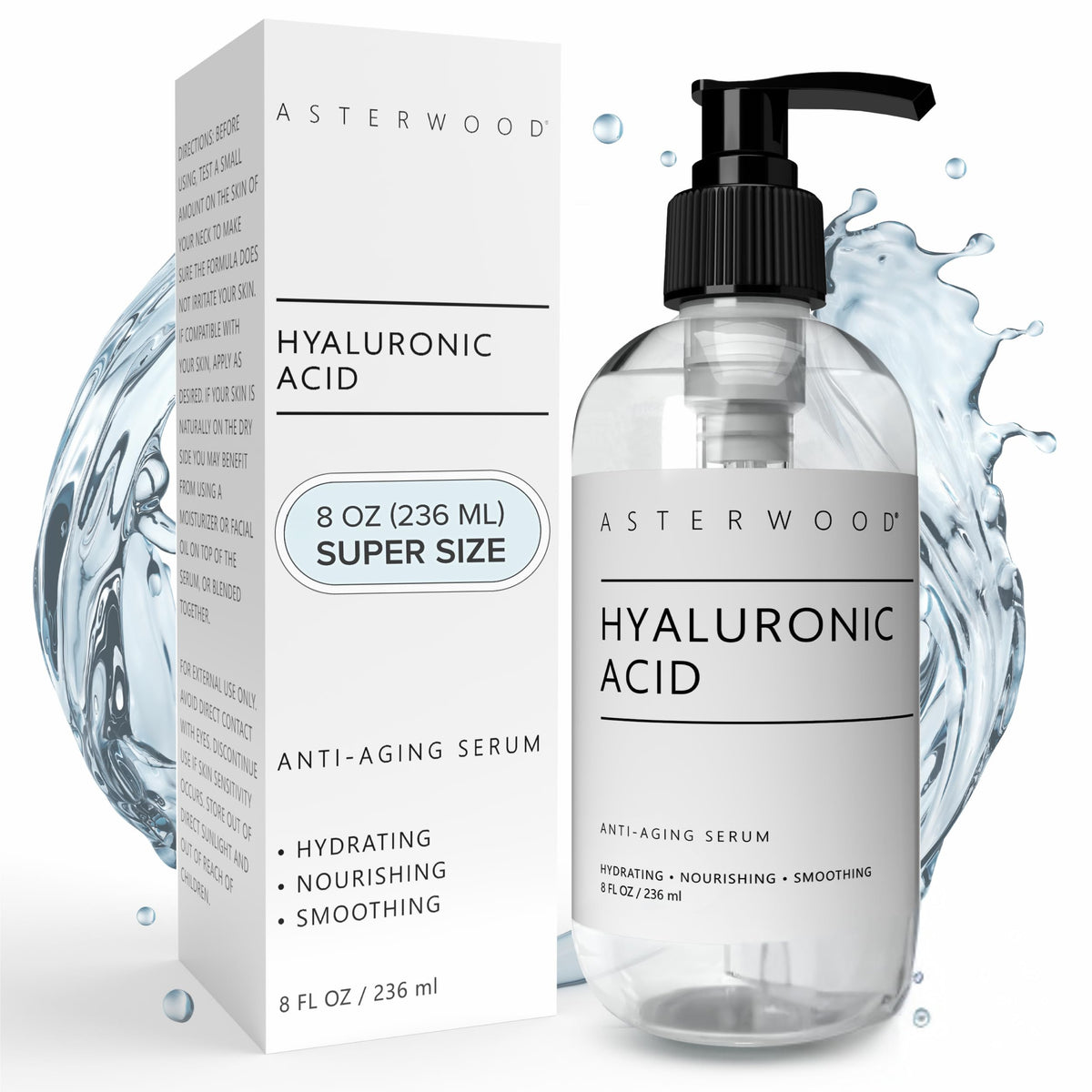 Asterwood front bottle view showing clean hydrating serum packaging and benefits