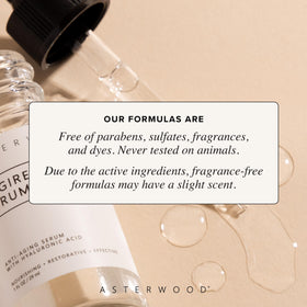 Asterwood serum on bathroom counter, demonstrates easy daily routine use