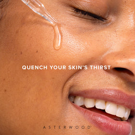 Asterwood clear hyaluronic serum poured into dish demonstrating lightweight feel