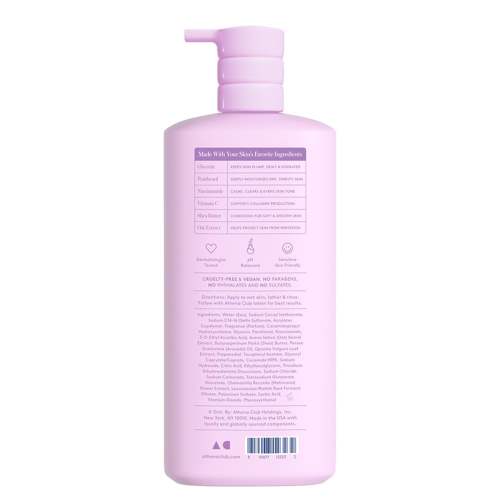 Athena Club back label with ingredients and directions emphasizing dermatologist-tested reassurance