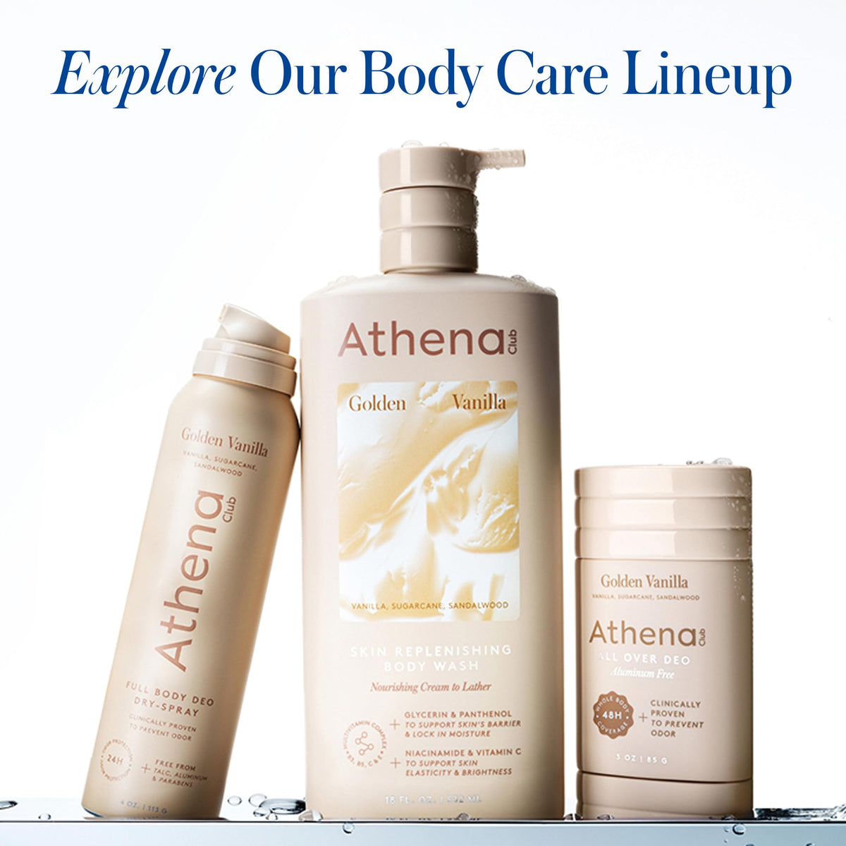 Athena Club bottle styled on bathroom shelf for everyday use