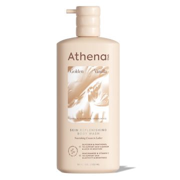 Athena Club front bottle showing golden vanilla scent and benefits