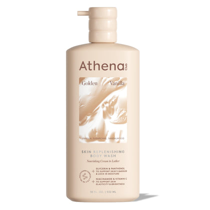 Athena Club front bottle showing golden vanilla scent and benefits