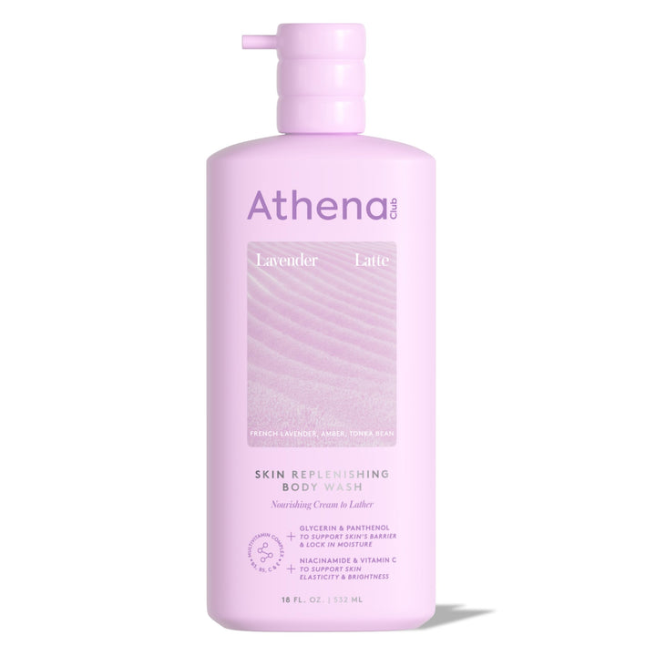 Athena Club front bottle showing Lavender Latte scent and clean design for calming showers
