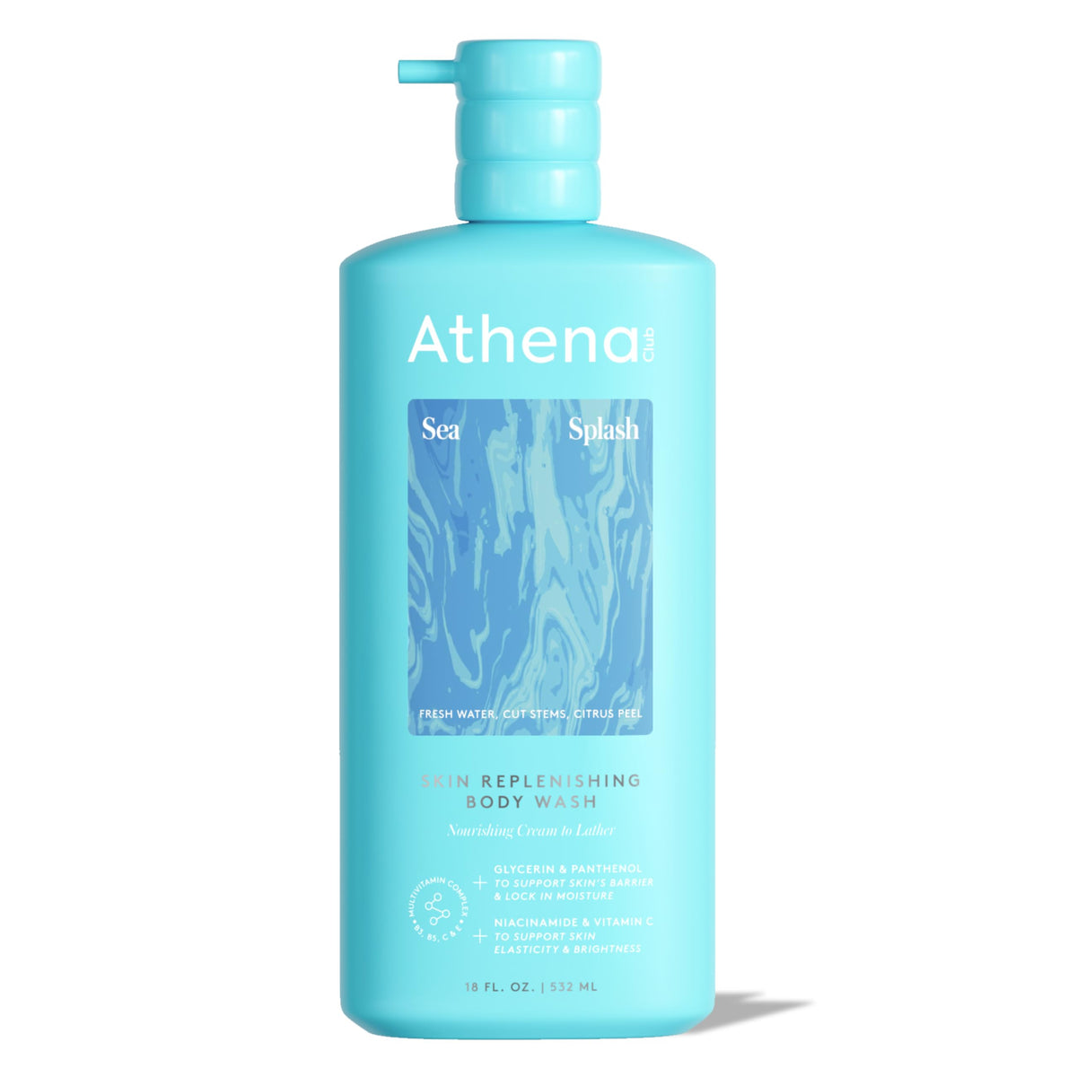 Athena Club front packaging showing bottle and Sea Splash scent benefit