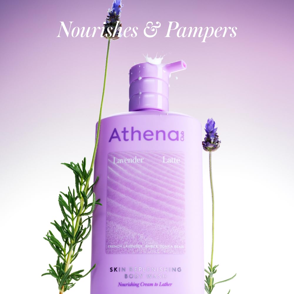 Athena Club pump and label detail highlighting active ingredients and gentle formula benefits