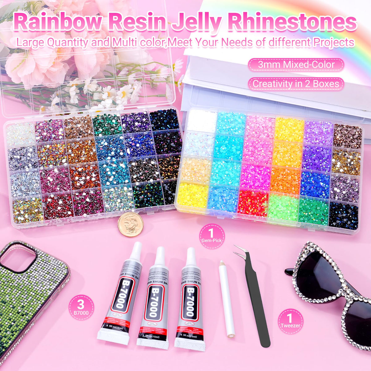 Atifober close-up of 3mm AB jelly rhinestones highlighting multi-angle sparkle for designs