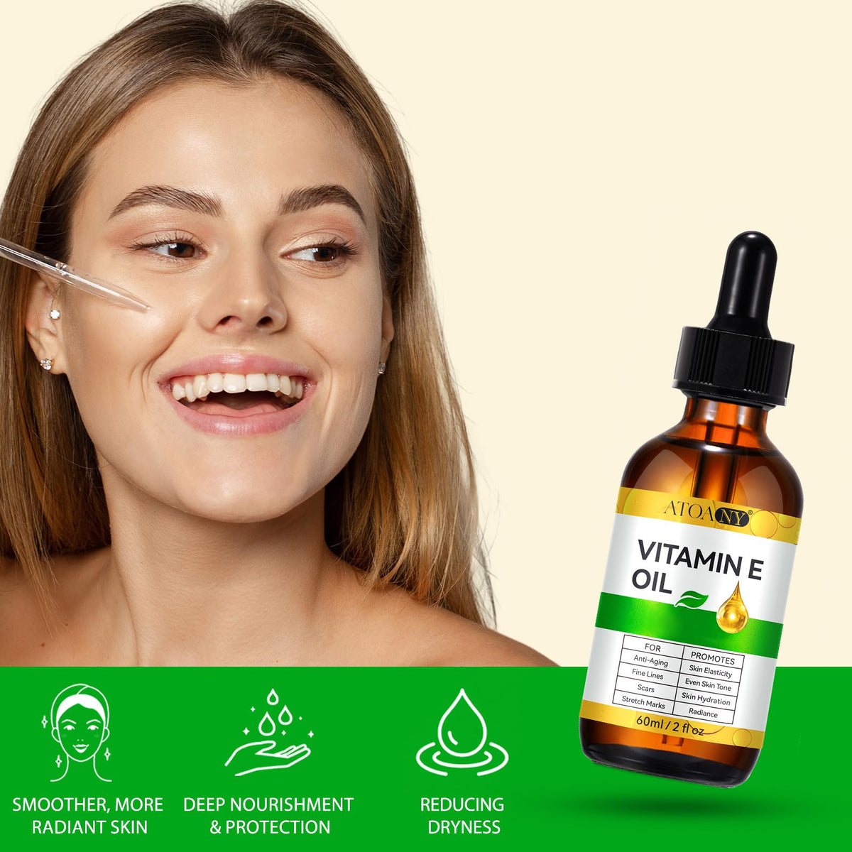 ATOANY vitamin E drops on skin showing quick absorption and hydration