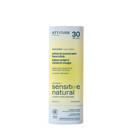 ATTITUDE face stick front view shows compact mineral sunscreen convenience
