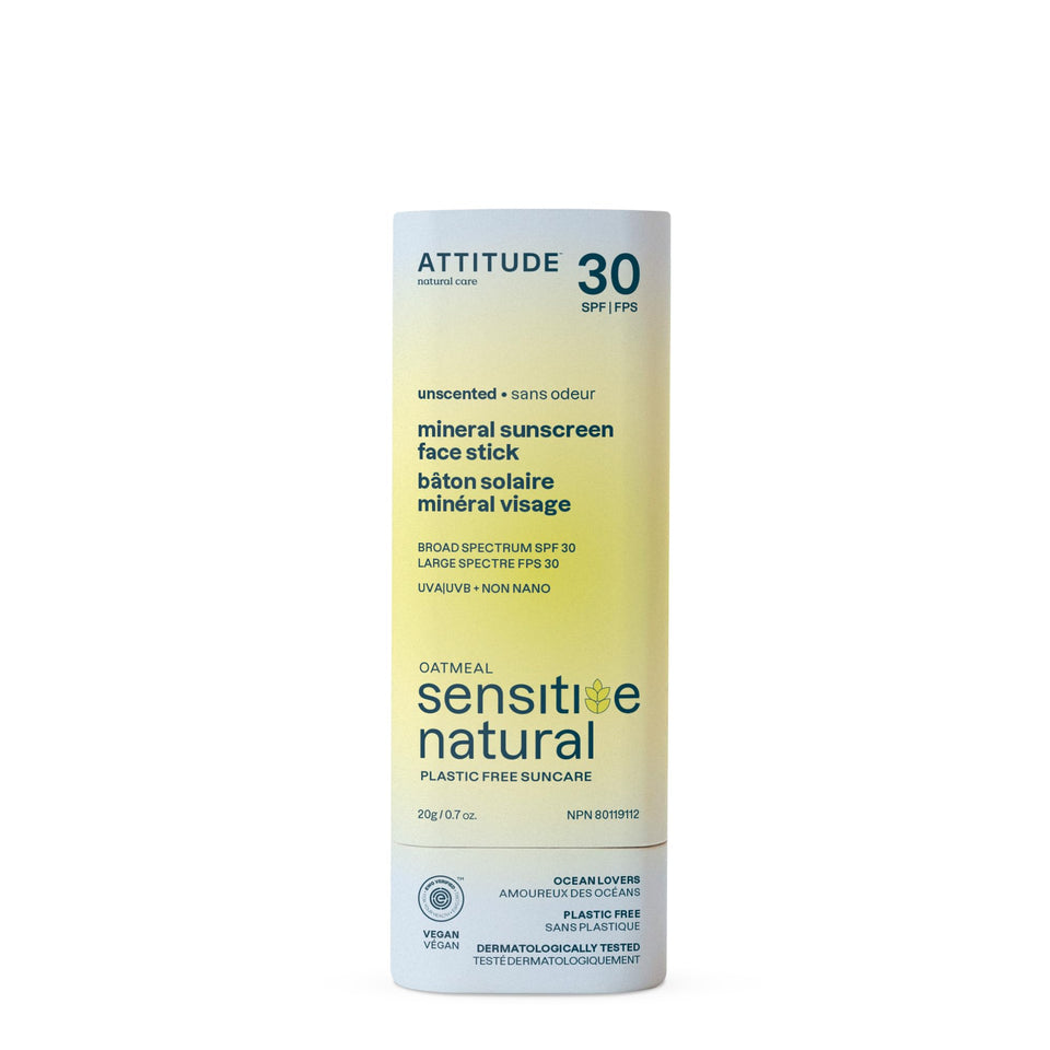ATTITUDE face stick front view shows compact mineral sunscreen convenience