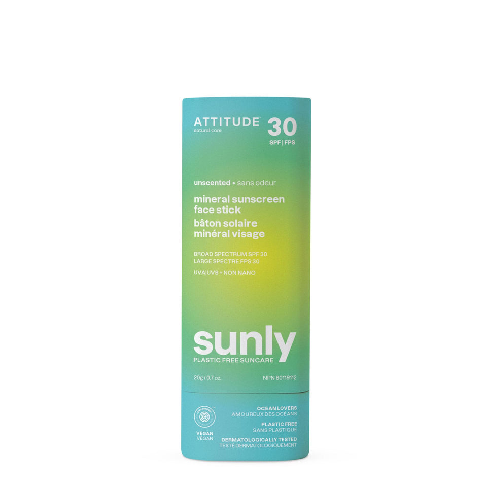ATTITUDE face sunscreen stick front view showing label and compact size for travel