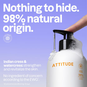 ATTITUDE foam on hand showing rich lather and hydrating gentle cleansing