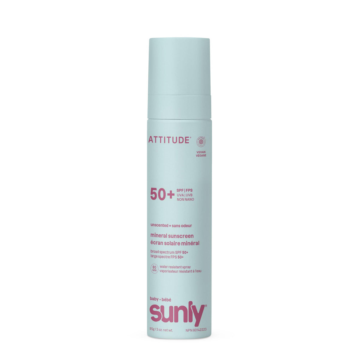 ATTITUDE front packaging 3oz shows SPF 50 and clean formulation benefit