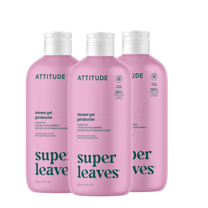 ATTITUDE front bottle view showing coconut and wild berries scent and clean formula