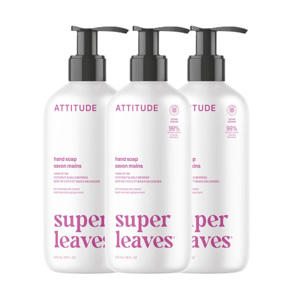 ATTITUDE front packaging showing three coconut and wild berries bottles, clear product view and benefit