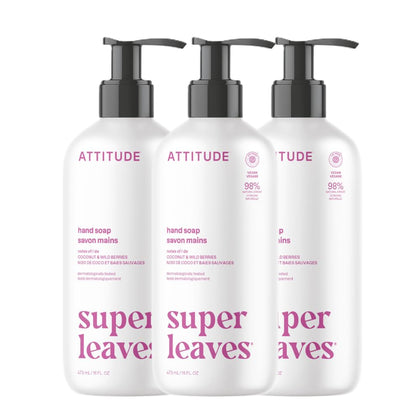 ATTITUDE front packaging showing three coconut and wild berries bottles, clear product view and benefit