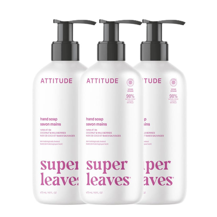 ATTITUDE front packaging showing three coconut and wild berries bottles, clear product view and benefit
