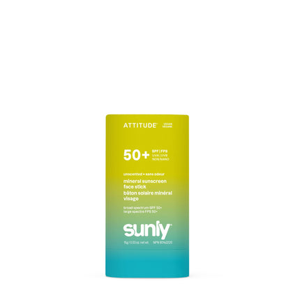 ATTITUDE front view of sunscreen stick showing compact travel-friendly design and SPF label