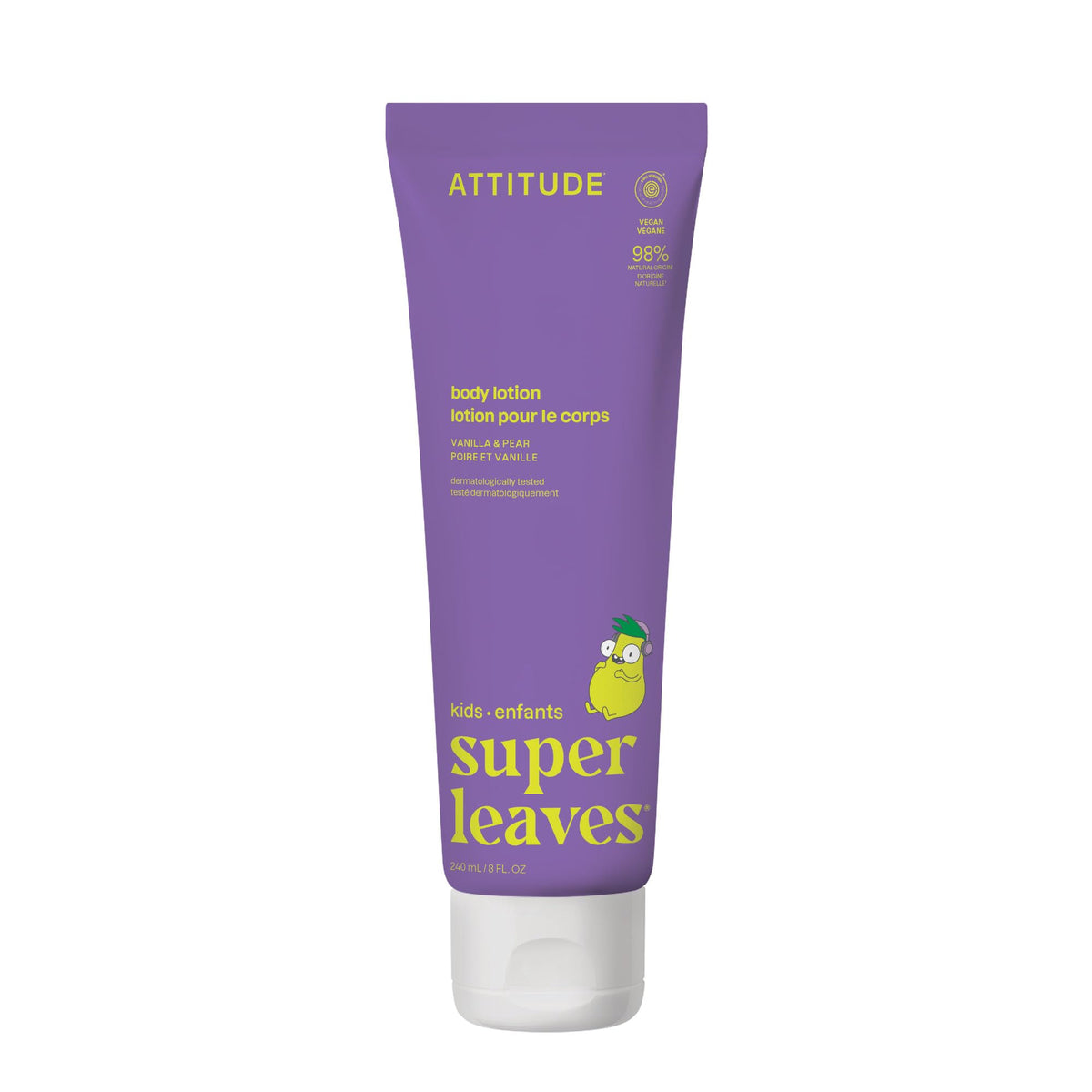ATTITUDE kids lotion front bottle showing label and recyclable bottle benefit