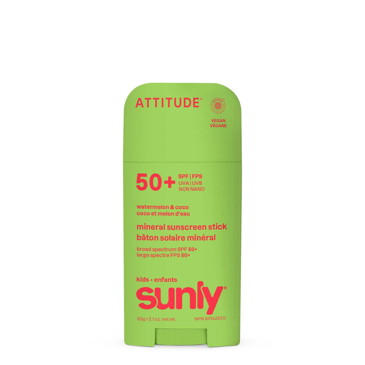 ATTITUDE front packaging of SPF 50 stick showing compact travel-ready protection