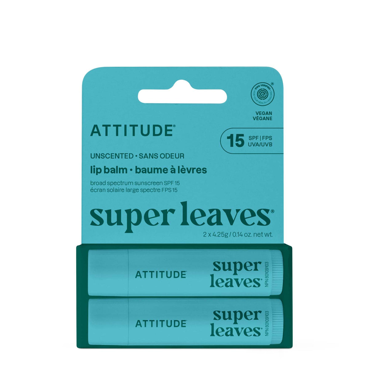 ATTITUDE lip balm duo front packaging showing two sticks and benefits