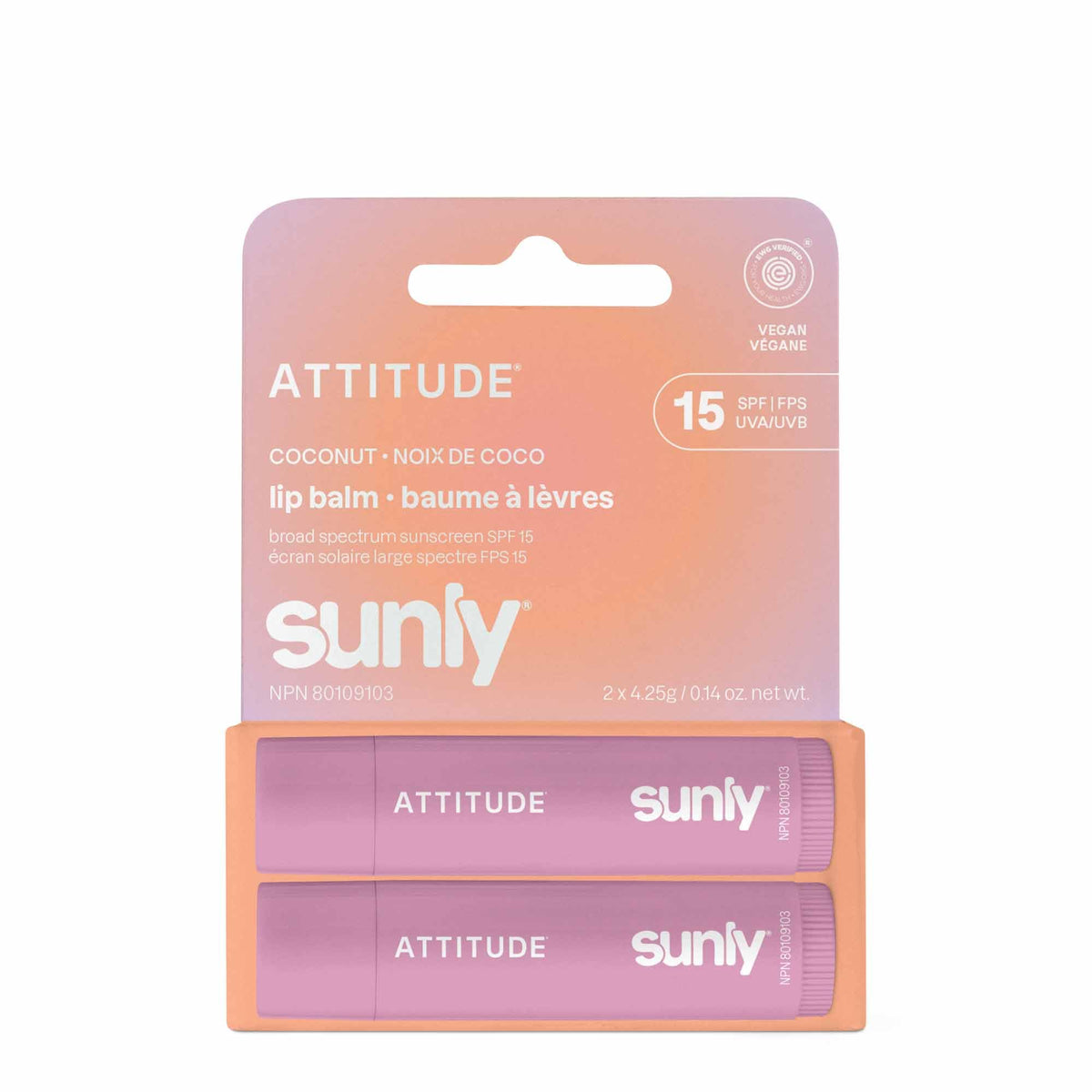ATTITUDE front view of two SPF 15 lip balm sticks showing packaging and coconut flavor benefits