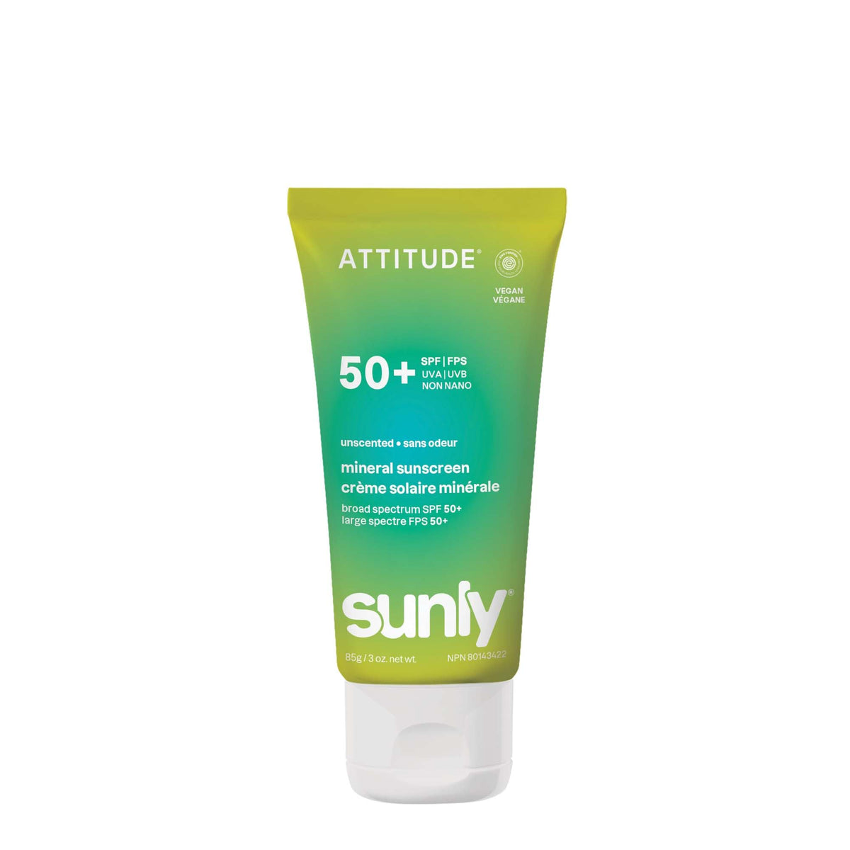 ATTITUDE front tube showing SPF 50 and unscented benefit