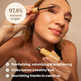 ATTITUDE mascara wand and bristles displayed to show application precision and lift