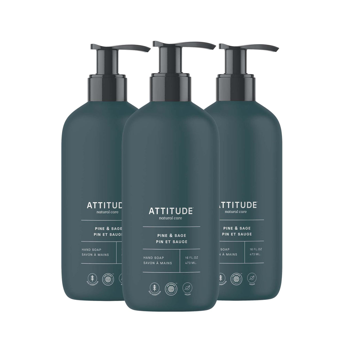 ATTITUDE front packaging showing pine and sage scent and recyclable bottle benefit