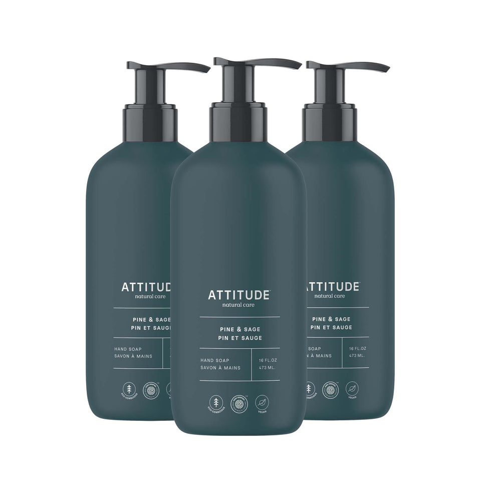 ATTITUDE front packaging showing pine and sage scent and recyclable bottle benefit