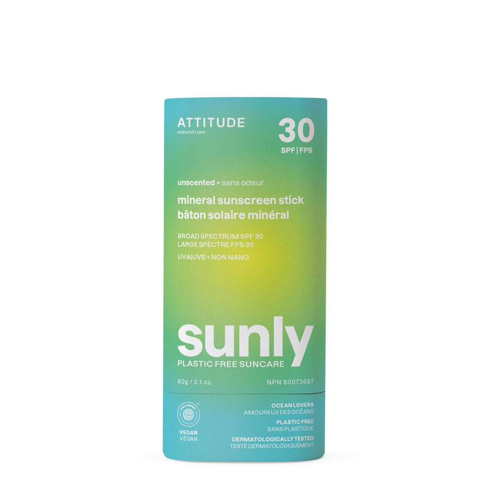 ATTITUDE mineral sunscreen stick front view showing label and twist-up cap for easy use