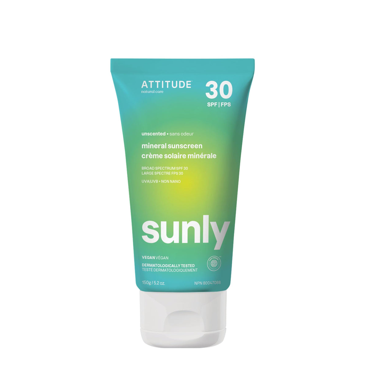 ATTITUDE Sunly front packaging showing SPF 30 benefits and unscented label