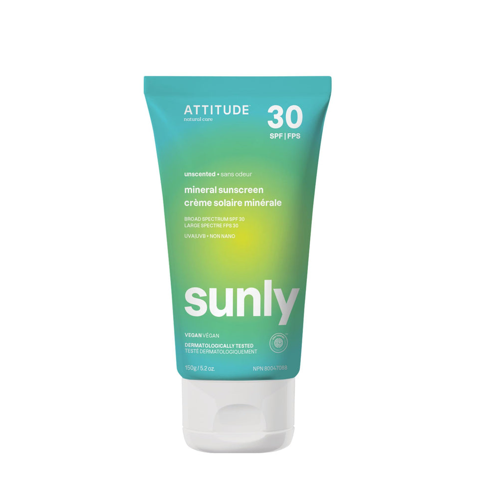 ATTITUDE Sunly front packaging showing SPF 30 benefits and unscented label