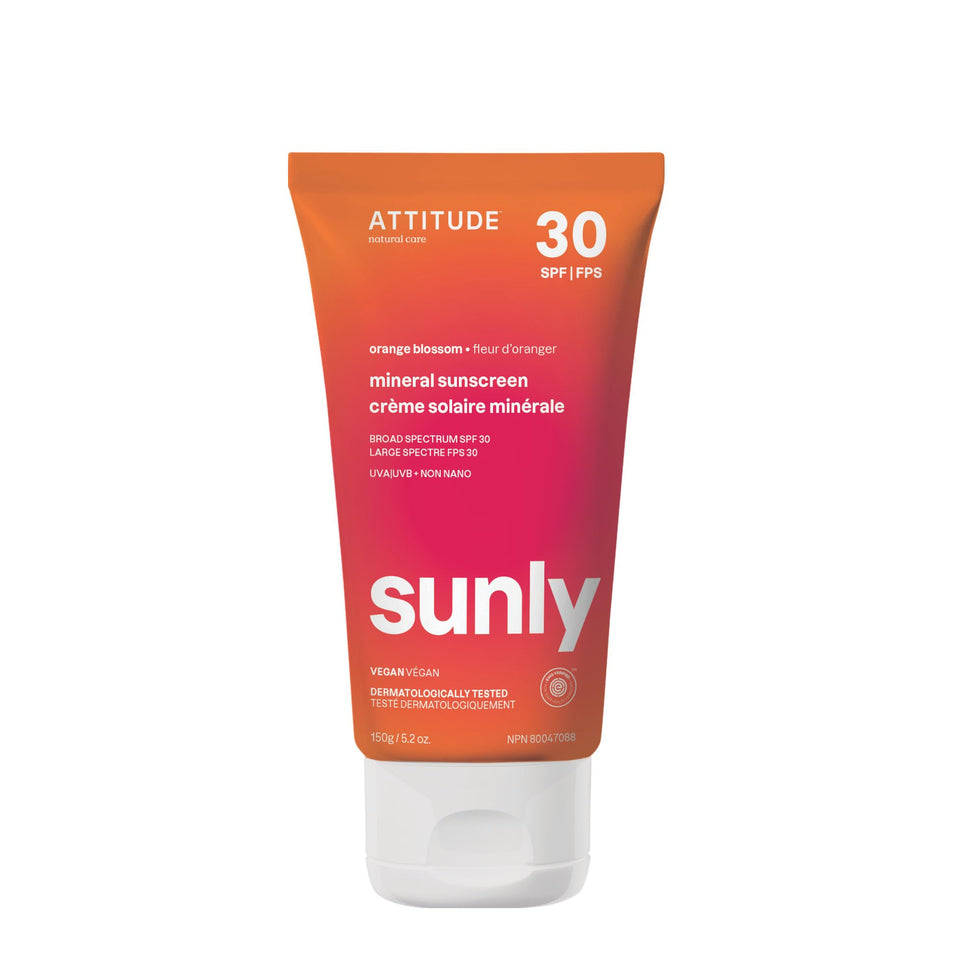 ATTITUDE Sunly front packaging showing SPF 30 and orange blossom scent benefit