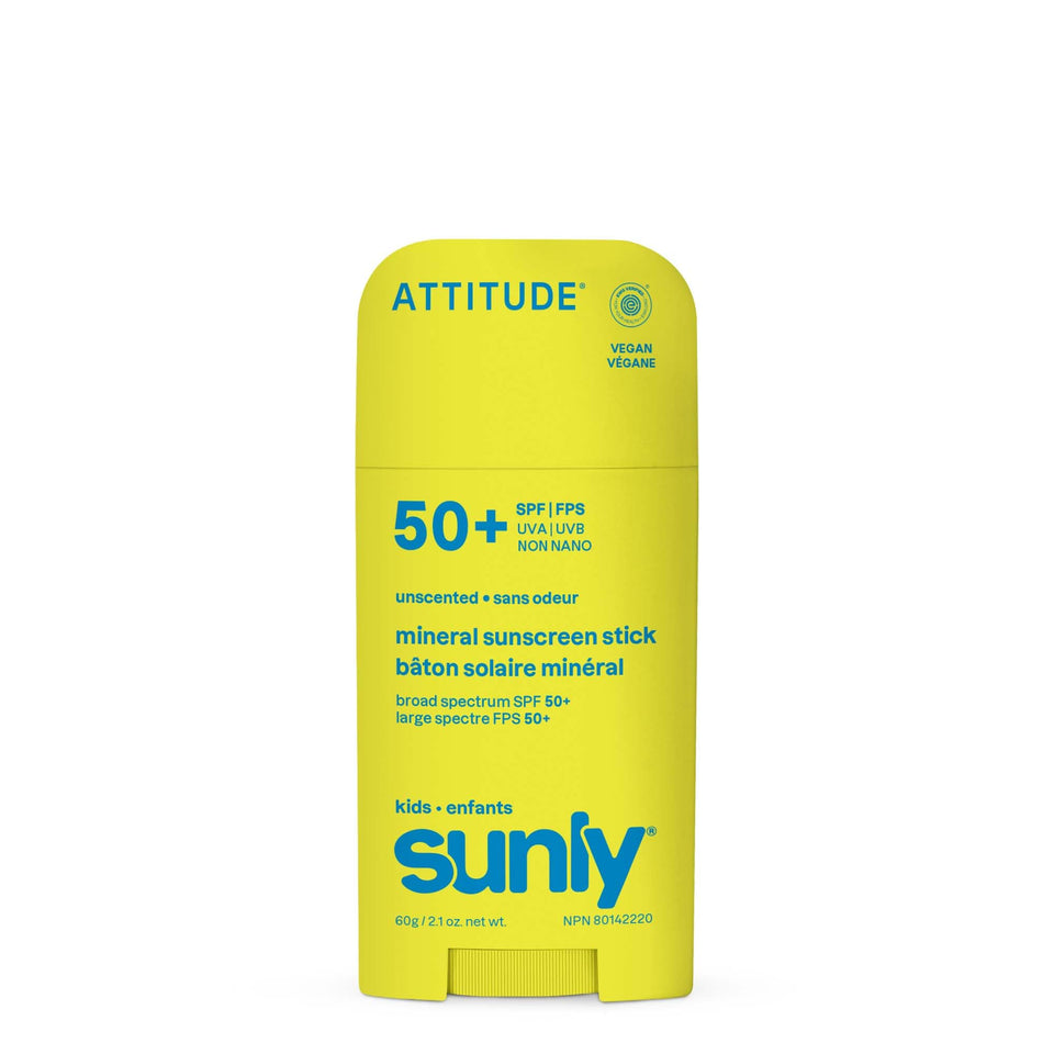 ATTITUDE sunscreen stick front packaging showing SPF50 and kid-friendly design