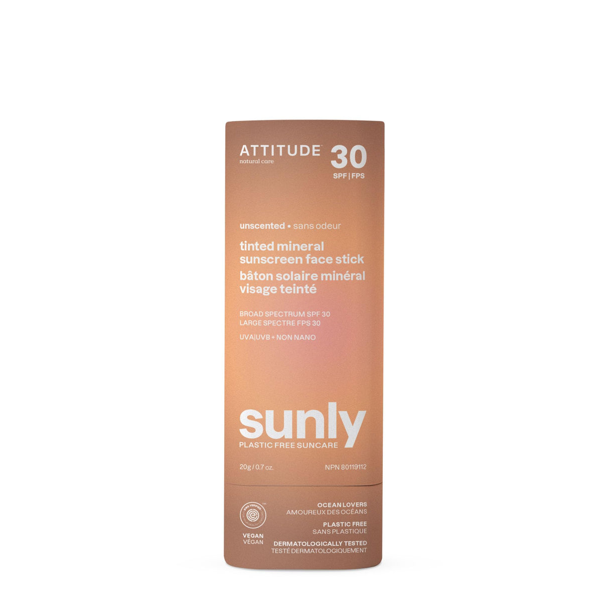 ATTITUDE face stick front packaging shows clean SPF 30 and benefits