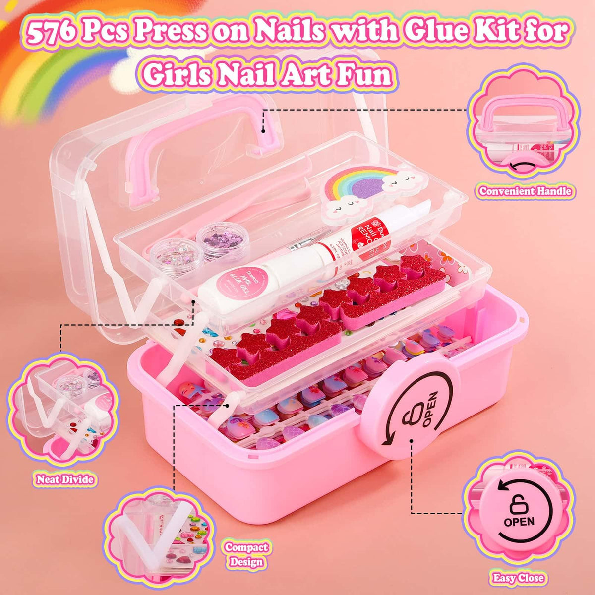 Audab close-up of nail designs and colors, showcases variety and detail