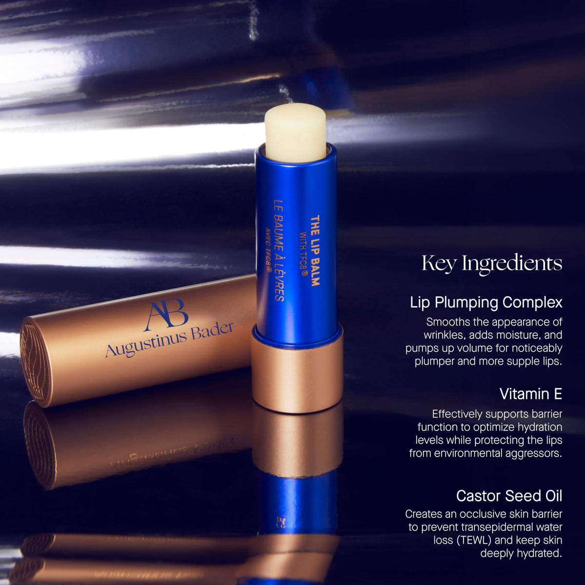 Augustinus Bader lip balm in hand demonstrating compact size and portability