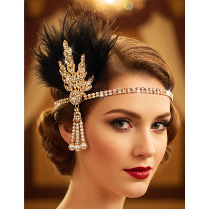 Aukmla front view black gold headband shows vintage glamour and secure fit