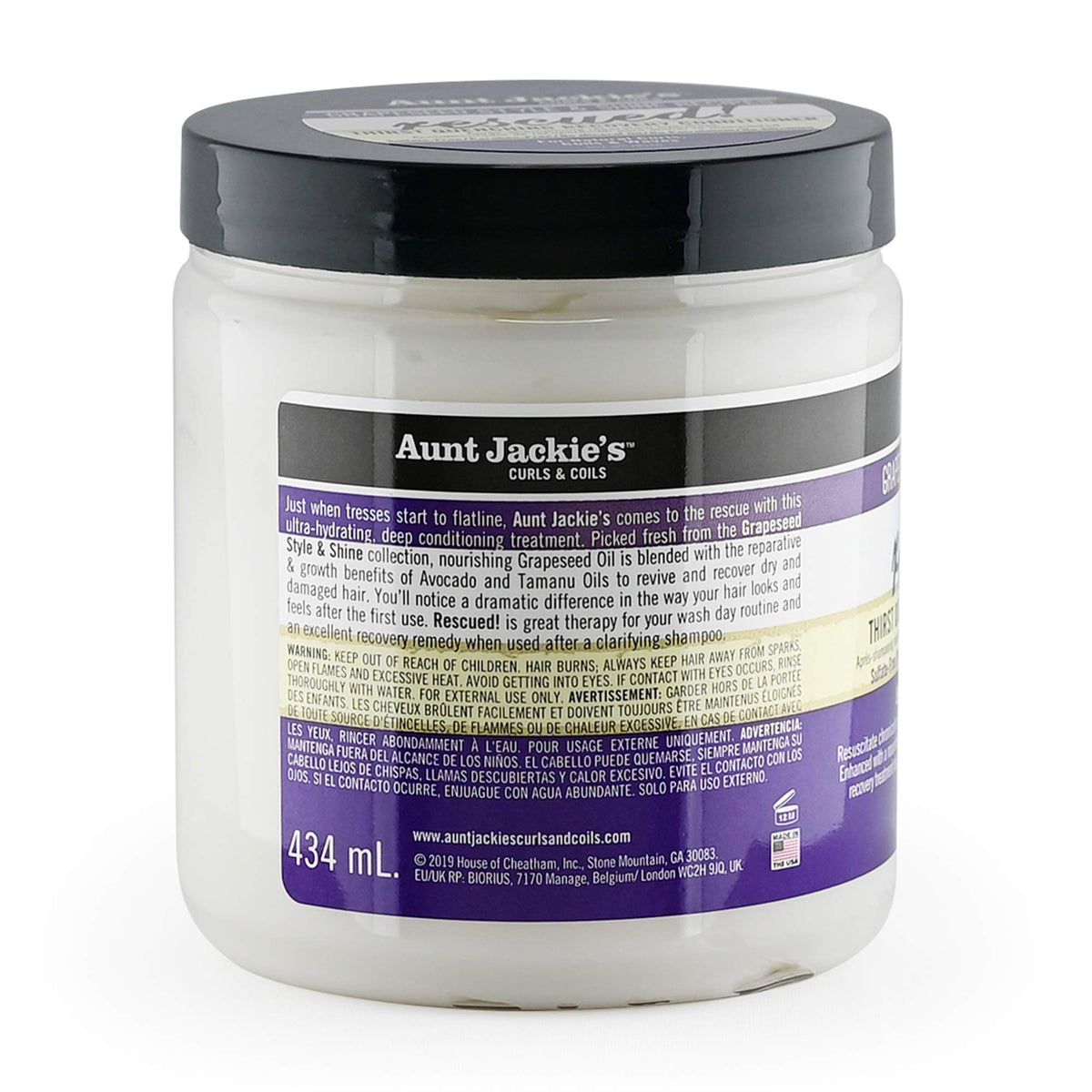 Aunt Jackie's close-up label highlighting grapeseed and oils benefits