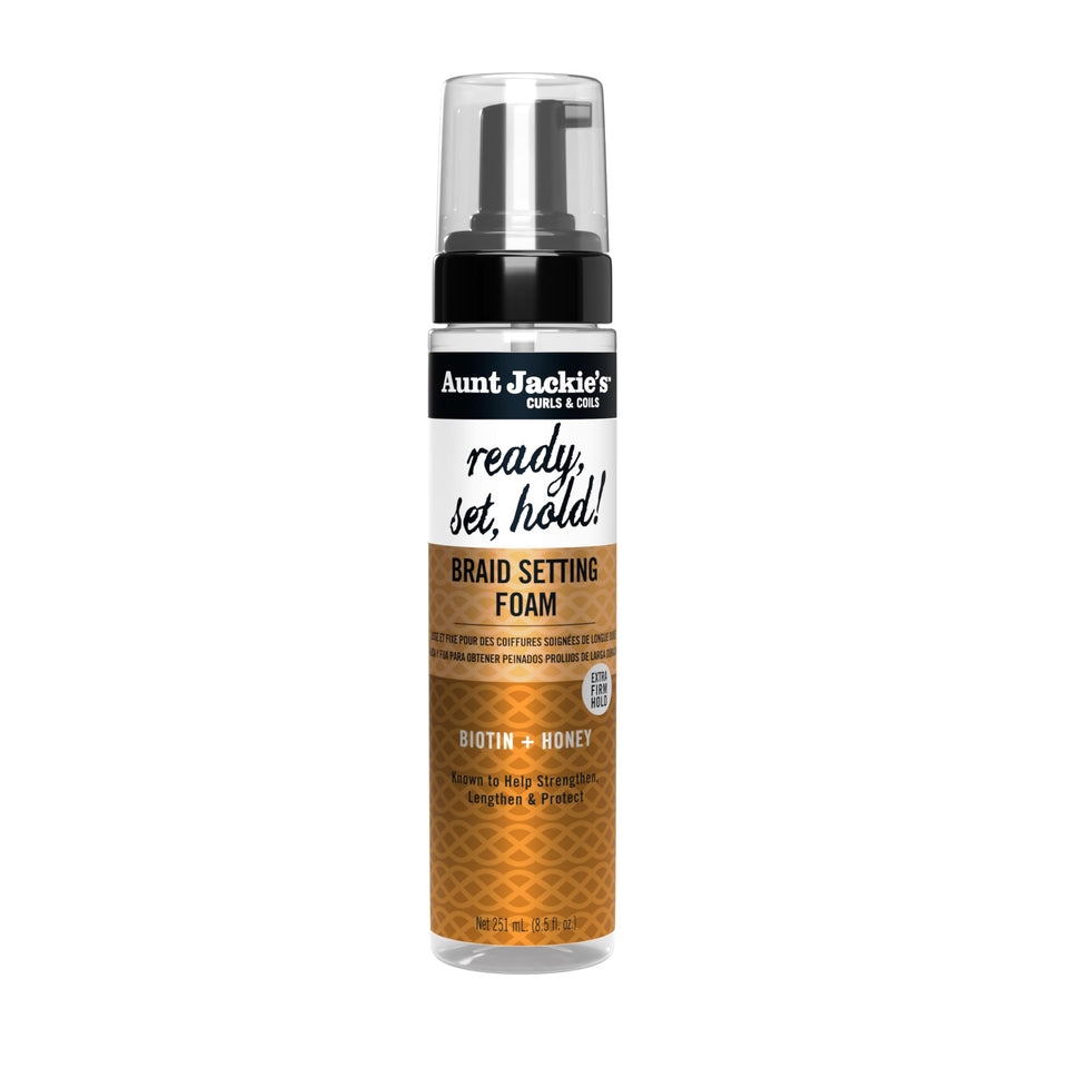 Aunt Jackie's front packaging of braid setting foam showing product benefits