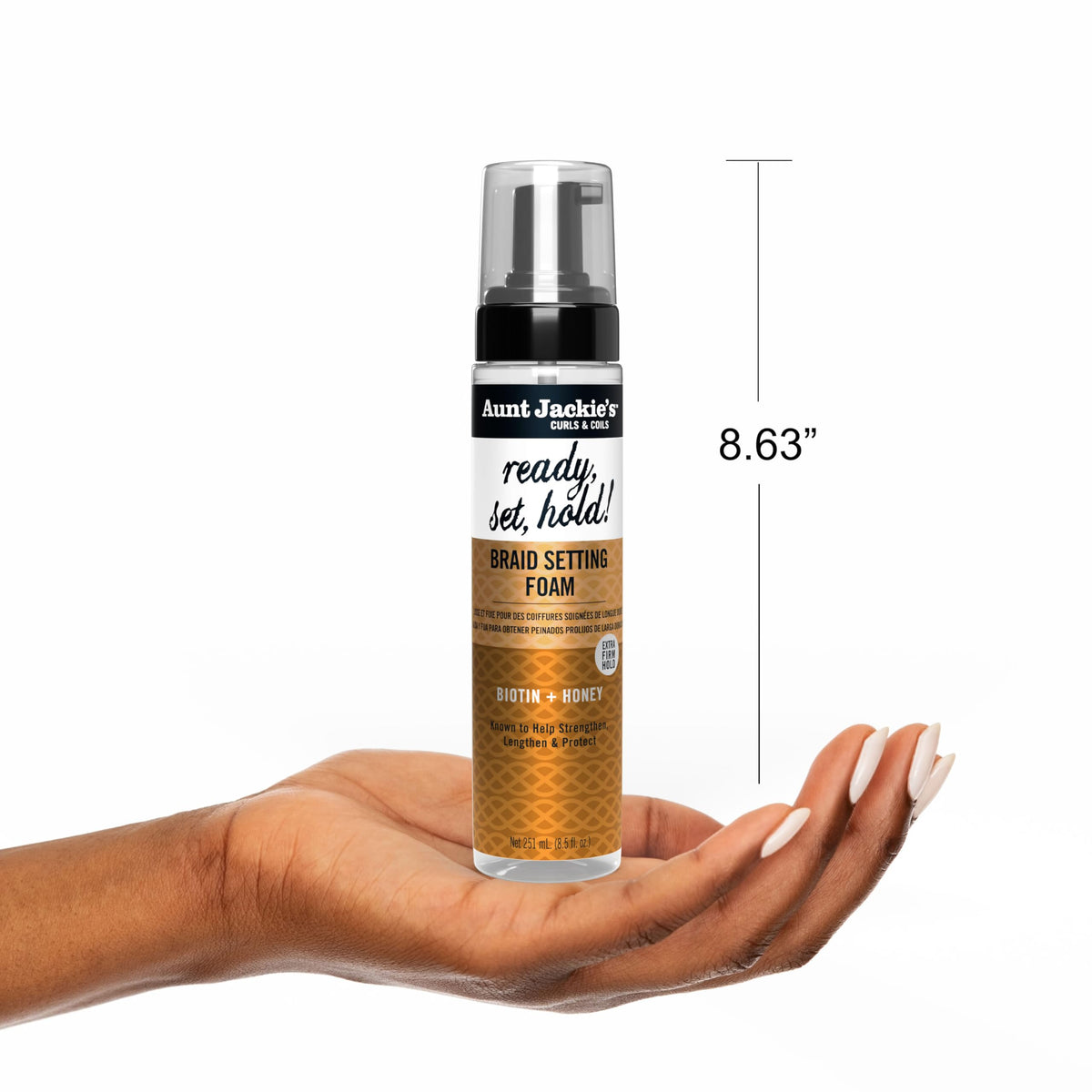 Biotin and honey visual next to Aunt Jackie's foam highlighting strengthening shine