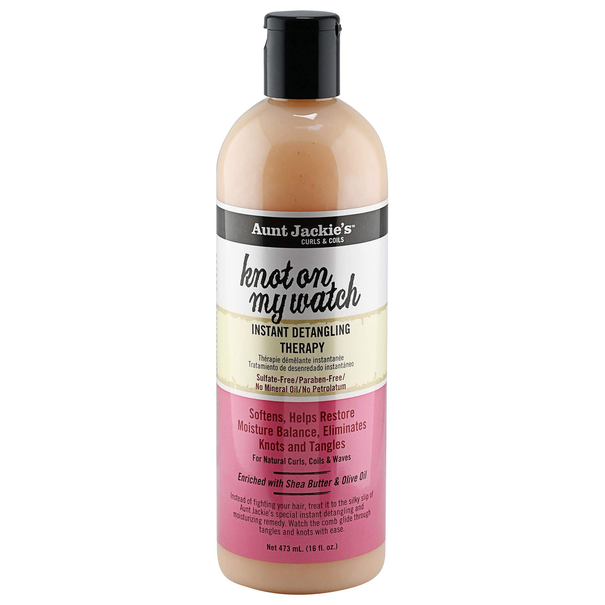 Aunt Jackie's front label on 16 oz bottle showing product name and benefits
