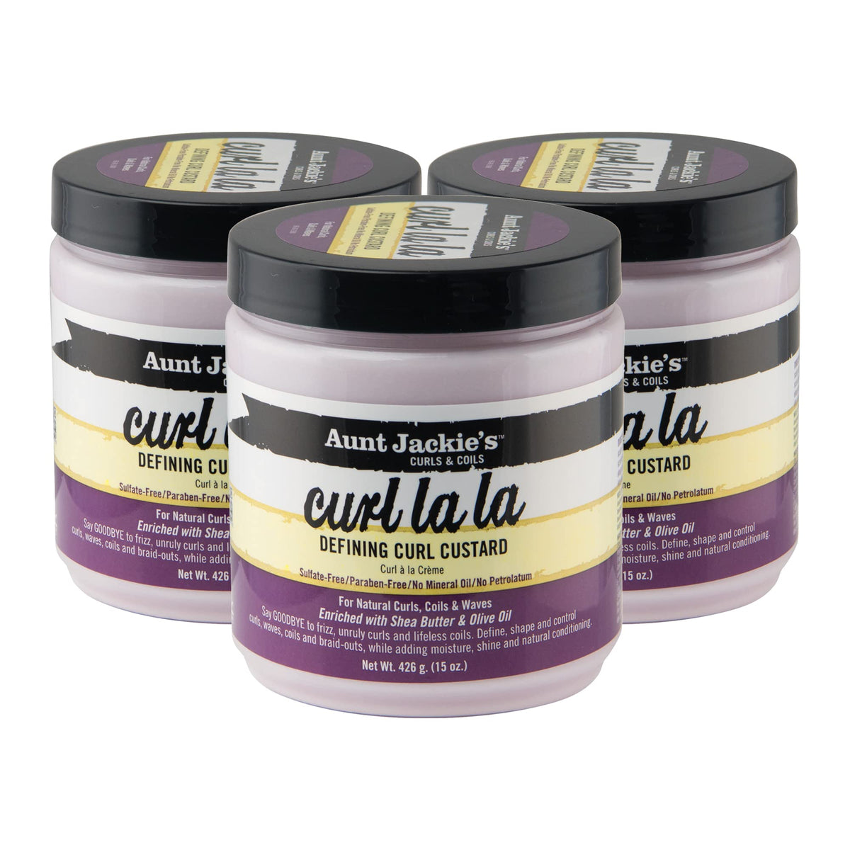Aunt Jackie's front packaging showing three 15 oz tubs for lasting value and convenience